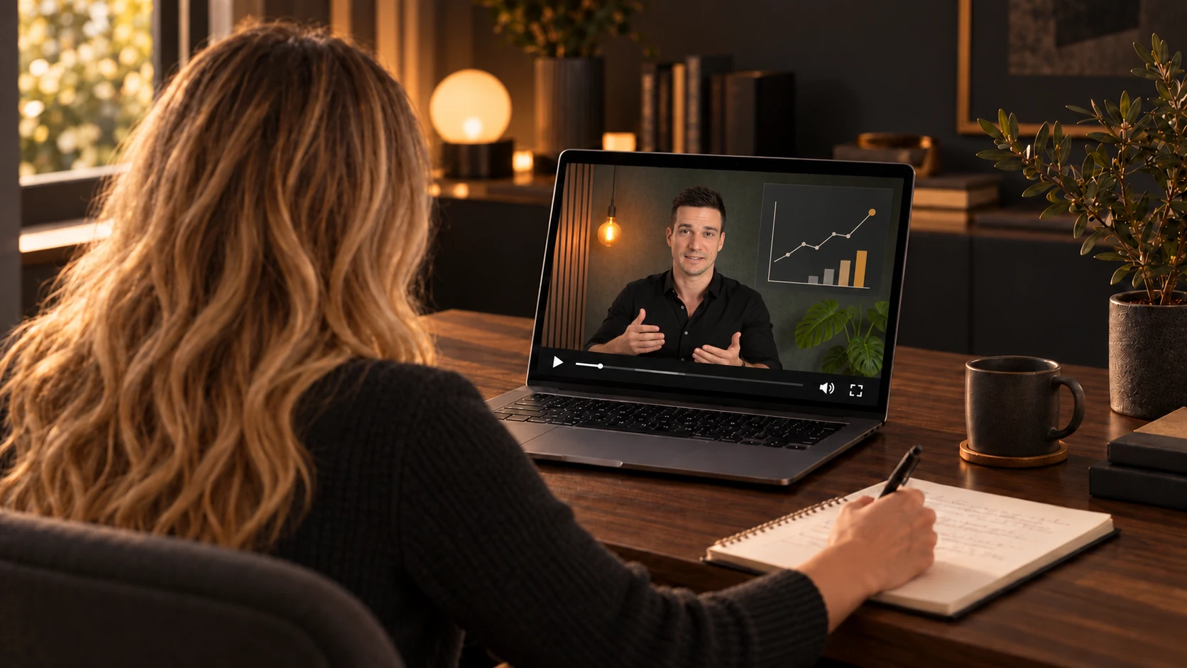 Laptopon rögzített oktatóvideót néző, jegyzetelő tanuló. Illusztráció.