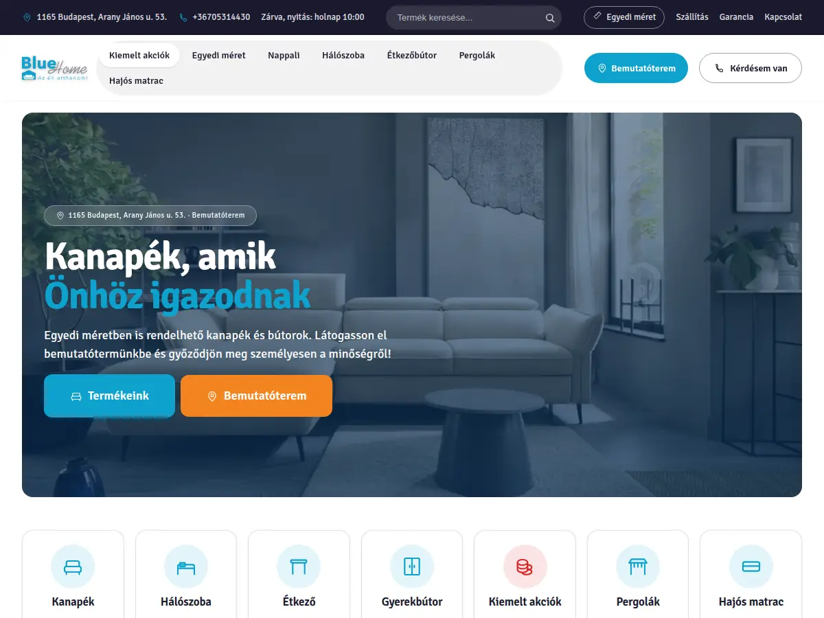 A BlueHome weboldalának valódi képernyőképe